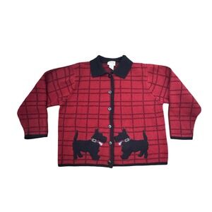 Crystal Kobe‎ Womens Red Black Scottie Dog Windowpane Plaid Cardigan Sweater L